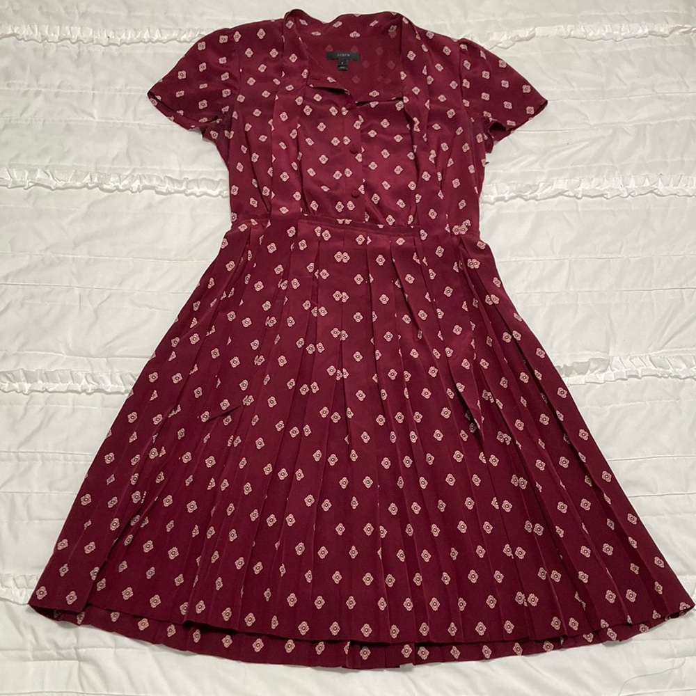J. Crew 100% Silk Dress with Tie Neck and Pleated Skirt